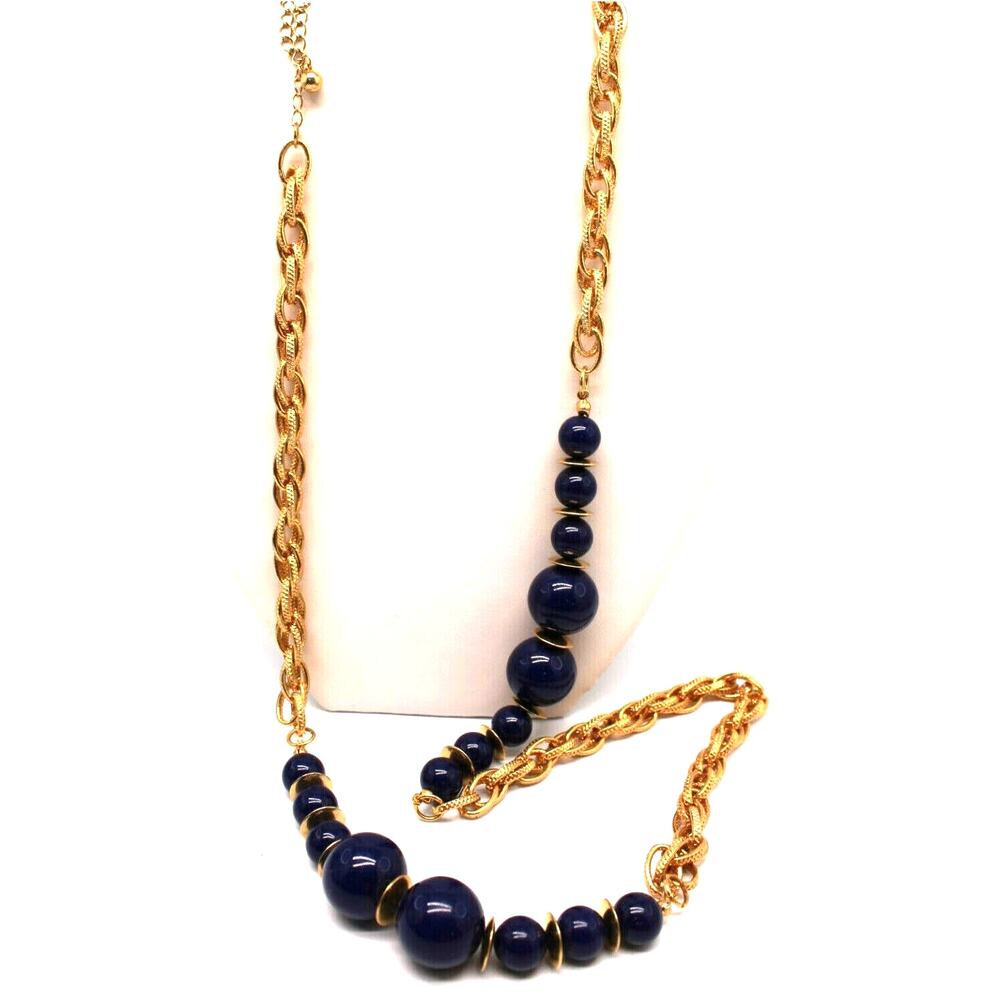 Large & Small Dark Blue Beads Goldtone Chain Necklace Discs 35" Long Marked CN